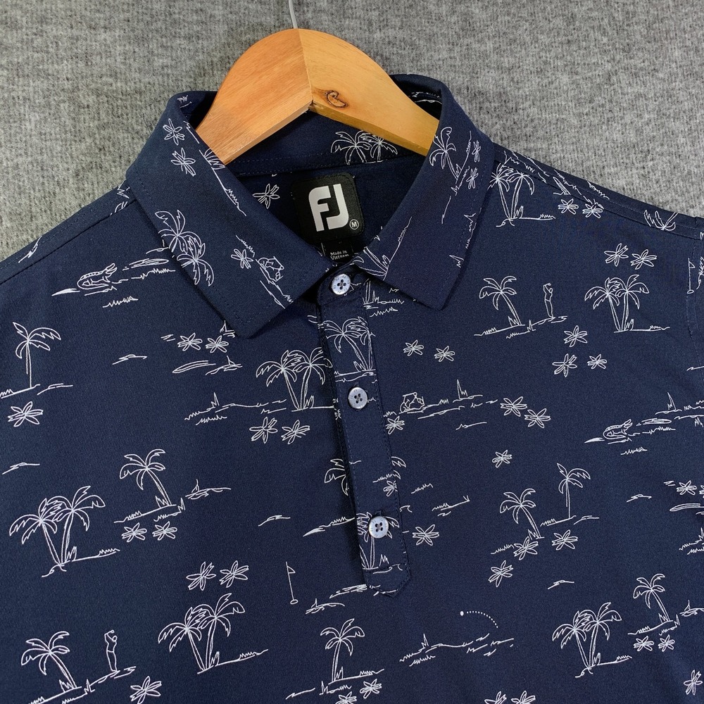 Footjoy Geometric Polo Men Medium Navy Palm Tree Golf Performance Stretch